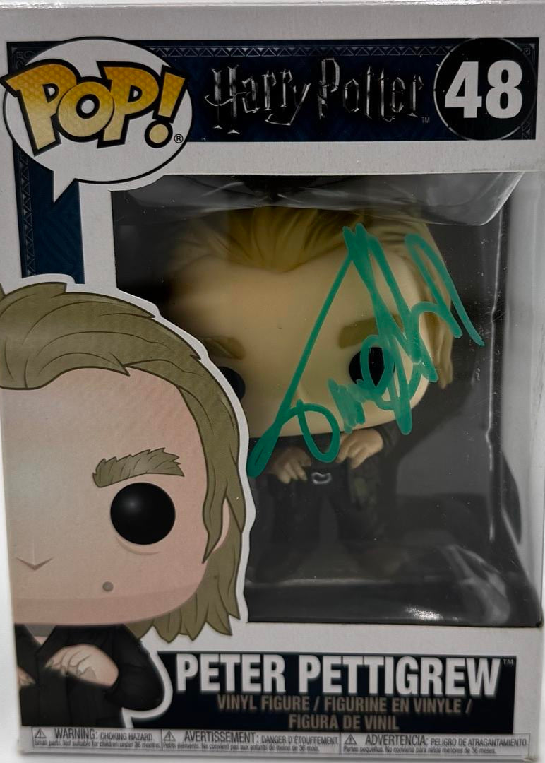 Funko Pop! vinyl figure packaging of Peter Pettigrew from Harry Potter series, with visible autograph.